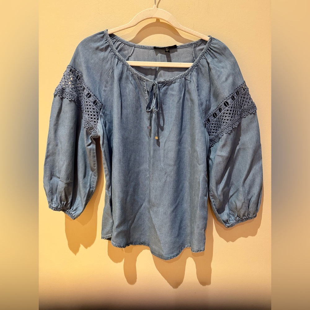 Adrienne Vittadini Denim Blue Blouse with Crochet Sleeves